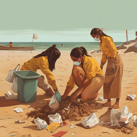 Volunteers collect garbage on the beach. Environmental pollution concept.の素材