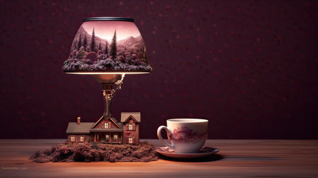 Cup of coffee and a miniature house on the table. 3D renderingの素材