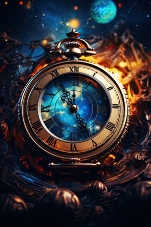 Old pocket watch on abstract space background. Time concept. 3D Renderingの素材