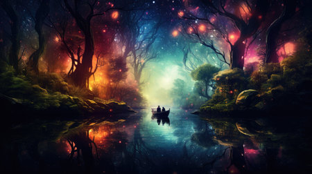 Fantasy landscape with magic foggy forest and lake. Vector illustration.の素材