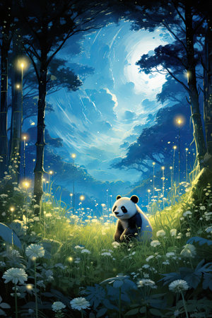 panda in the forest at night, illustration in vector format.の素材