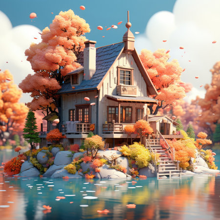 3D render of a fairy tale house on the lake with autumn treesの素材