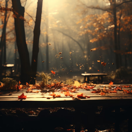Wooden table and autumn leaves in the park, toned imageの素材