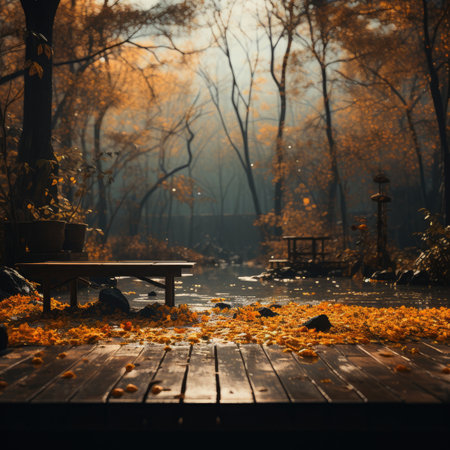 Autumn park with fallen leaves and wooden table in foggy morningの素材
