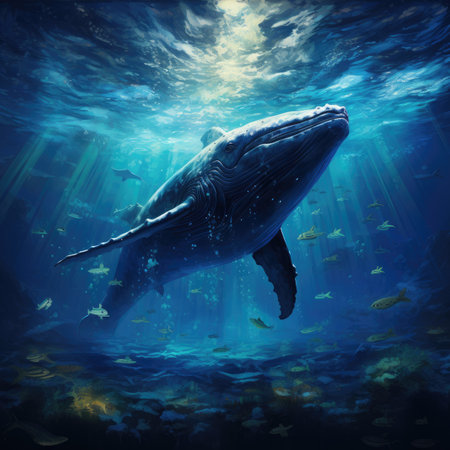 Whale swimming underwater in the deep blue ocean. 3d renderingの素材
