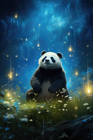 Giant panda in a starry night. 3d renderingの素材