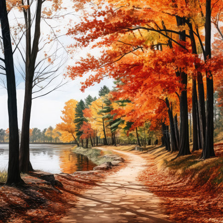 Autumn landscape with colorful trees and lake. Digital painting illustration.の素材