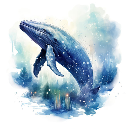 Watercolor illustration of a whale swimming in the sea at night.の素材