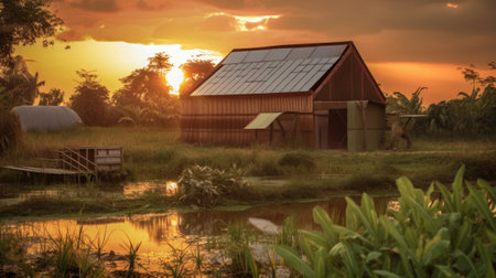 Solar panels in the rice field at sunsetの素材