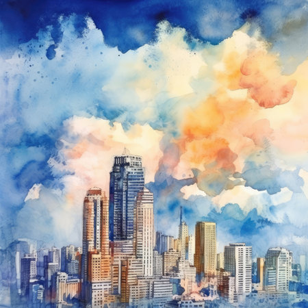 Watercolor illustration of skyscrapers and clouds in the sky.の素材
