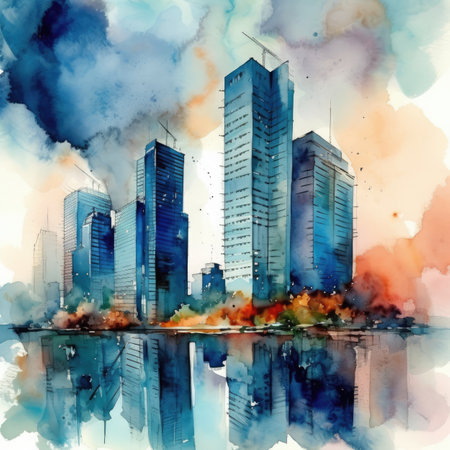 Modern skyscrapers in watercolor style. Skyscrapers on the background of the river.の素材