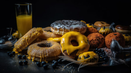 Halloween still life with donuts and a glass of orange juiceの素材