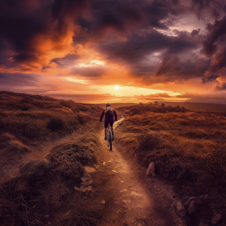 Man walking on a path in the mountains at sunset. 3d renderingの素材