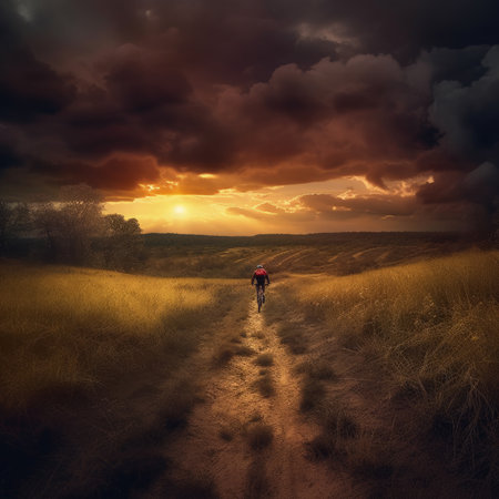 Cyclist on the road in the field at sunset. 3d renderingの素材