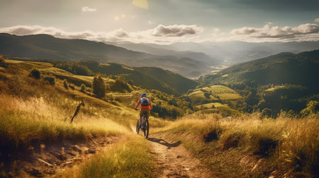 Cyclist Riding the Bike on the Trail in the Carpathian Mountainsの素材