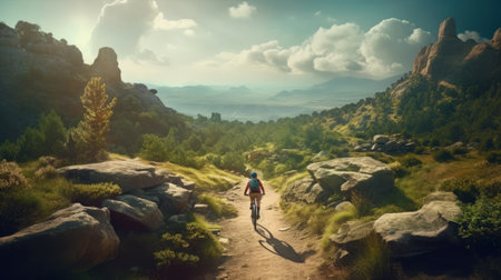 Hiking trail in the mountains. Man with backpack hiking in the mountains.の素材