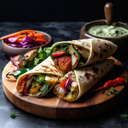 Tortilla wrap with chicken, vegetables and herbs on a dark background.の素材