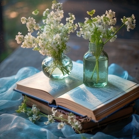 Vase with gypsophila flowers and open book on wooden table.の素材