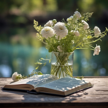 Bouquet of flowers in vase on wooden table with bookの素材