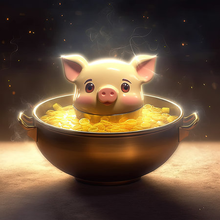 Golden piggy bank in a pot full of gold coins. 3d renderingの素材