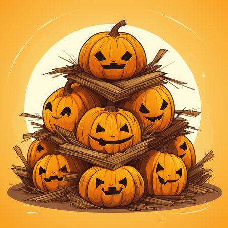 Halloween pumpkins in a pyramid of hay, vector illustration.の素材