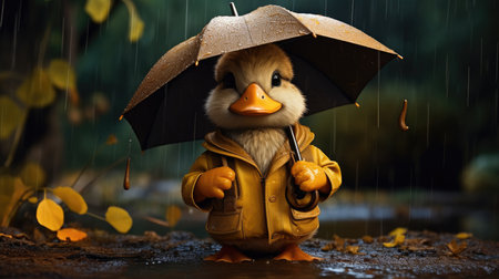 Duckling in raincoat with umbrella on rainy day. 3D rendering.の素材