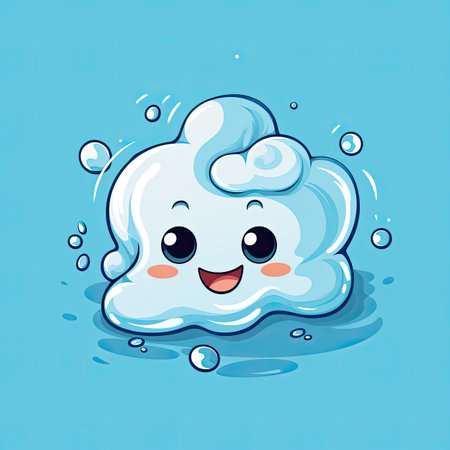 Cute cartoon cloud with water drops on blue background. Vector illustration.の素材