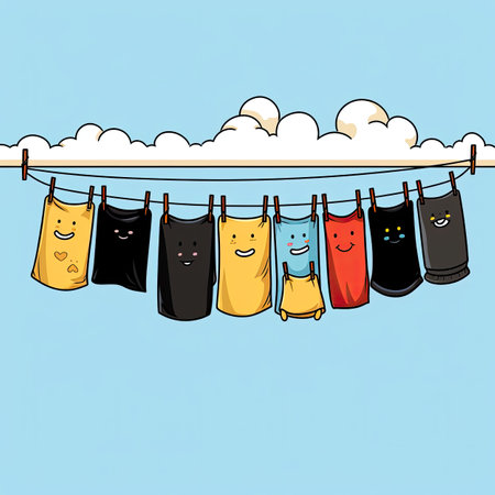 Cute cartoon clothes hanging on the clothesline. Vector illustration.の素材