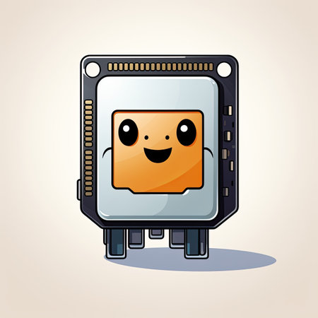 Illustration of a processor with a happy face on a light backgroundの素材