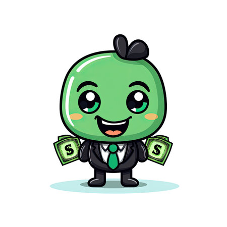 Cute green apple character with money. Vector cartoon character illustration.の素材