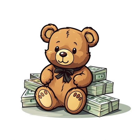 Cute teddy bear sitting on pile of money. Vector illustration.の素材