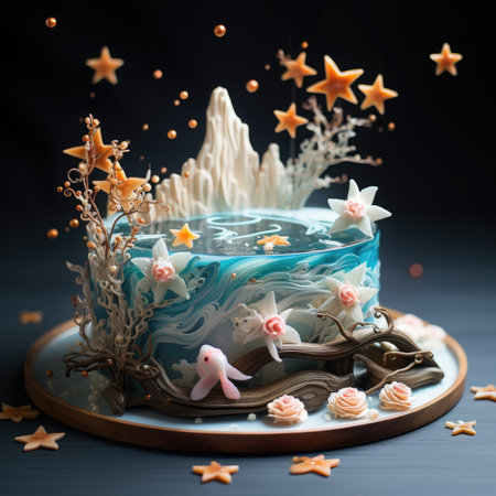 Birthday cake with flowers and stars on a blue wooden background.の素材
