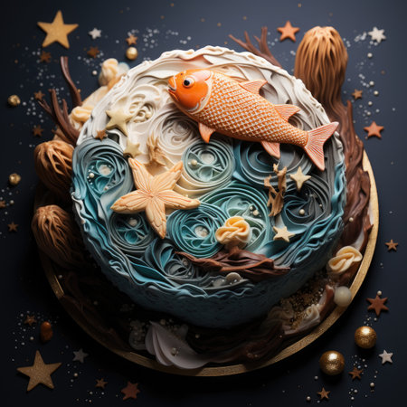 festive cake with fish and stars on a black background, close upの素材