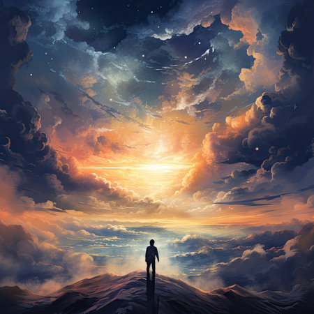 Businessman looking at the sunset in the clouds. 3D renderingの素材