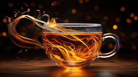 Cup of tea with splashes and bokeh on dark backgroundの素材