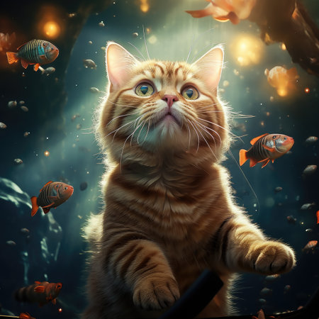Cute ginger kitten sitting in the aquarium with fishes. Animal theme.の素材