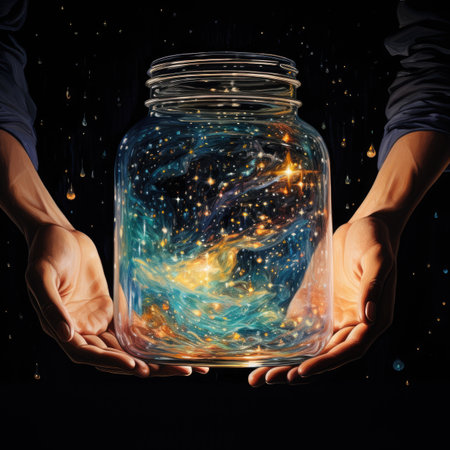 Close up of human hands holding glass jar with space and stars insideの素材