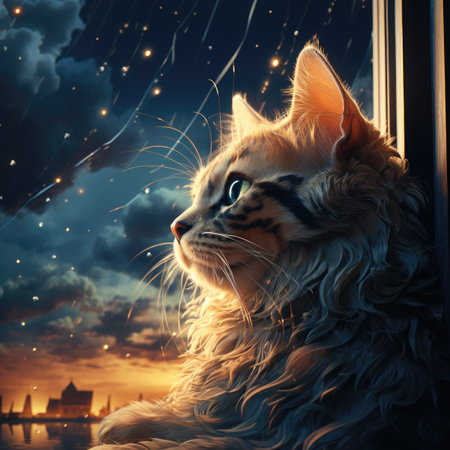 Siberian cat looking out the window at night. 3D renderingの素材