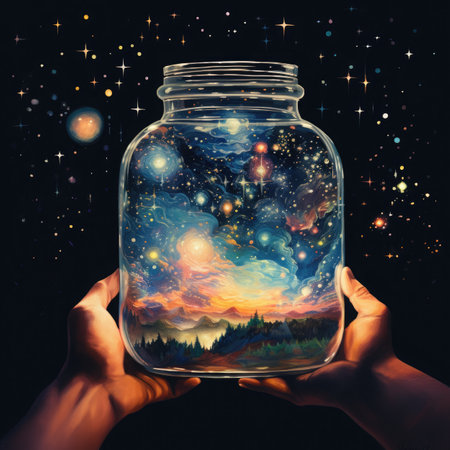 Hands holding a glass jar with a view of the night skyの素材