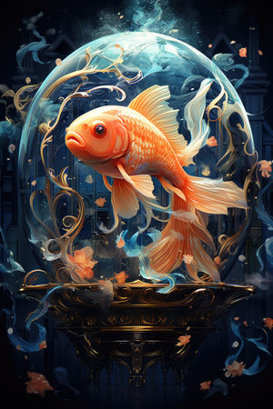 Goldfish in a crystal ball with fire and smoke on a dark backgroundの素材