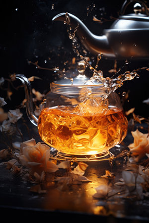 Tea in a glass teapot on a black background with flowersの素材