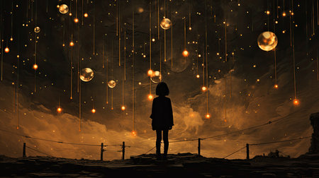 Silhouette of woman looking at night sky with christmas ballsの素材