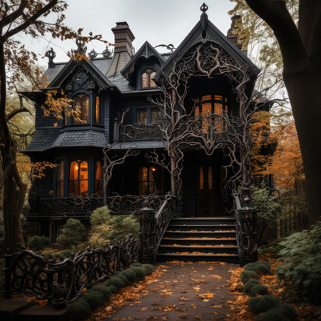 Halloween background with black haunted house in autumn forest. Halloween concept.の素材