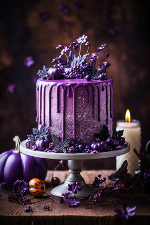 Purple Halloween cake decorated with purple flowers and pumpkins on dark backgroundの素材