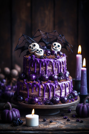 Halloween cake with blackberries, ghosts and candles on dark wooden backgroundの素材