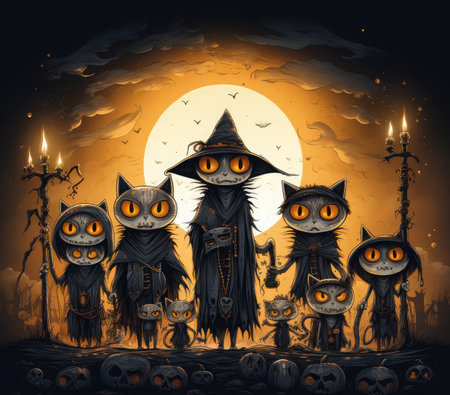 Halloween background with witches, pumpkins and a full moon.の素材