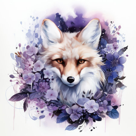 Watercolor portrait of a fox with flowers, isolated on white backgroundの素材