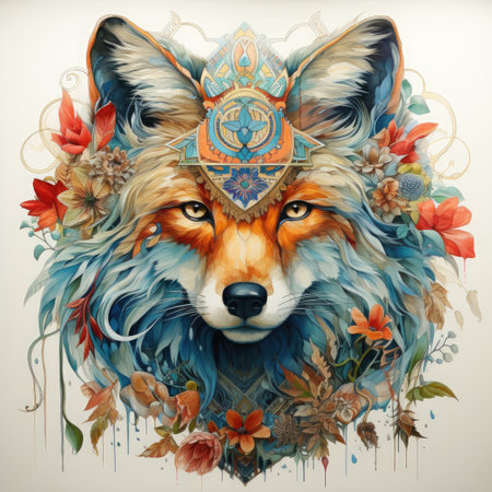 Portrait of a fox in a crown with feathers and flowers.の素材