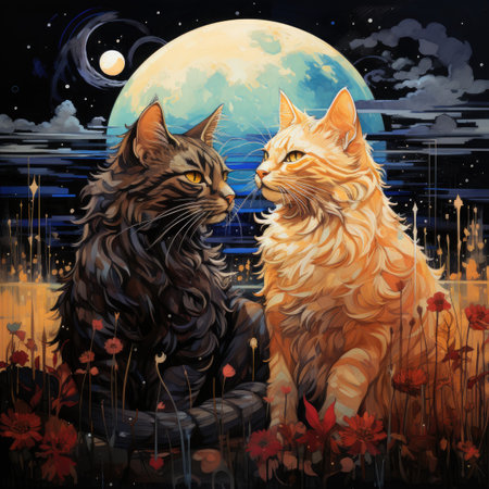 Two cats on the background of the moon and flowers. Digital painting.の素材