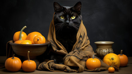 Halloween still life with black cat, pumpkins and orange on dark backgroundの素材